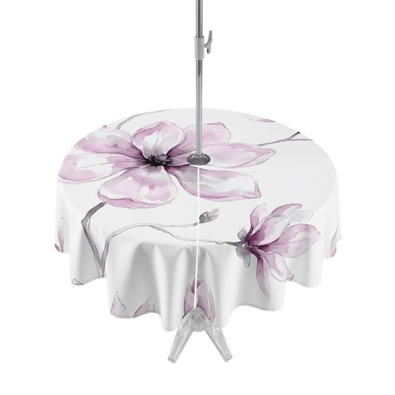 Outdoor Tablecloth with Umbrella Hole Zipper Pink Painting Floral Round Tablecloth 60" Waterproof Outside Table Cloth Farmhouse Flowers Classic Patio Table Cover Tablecloths for Picnic Party