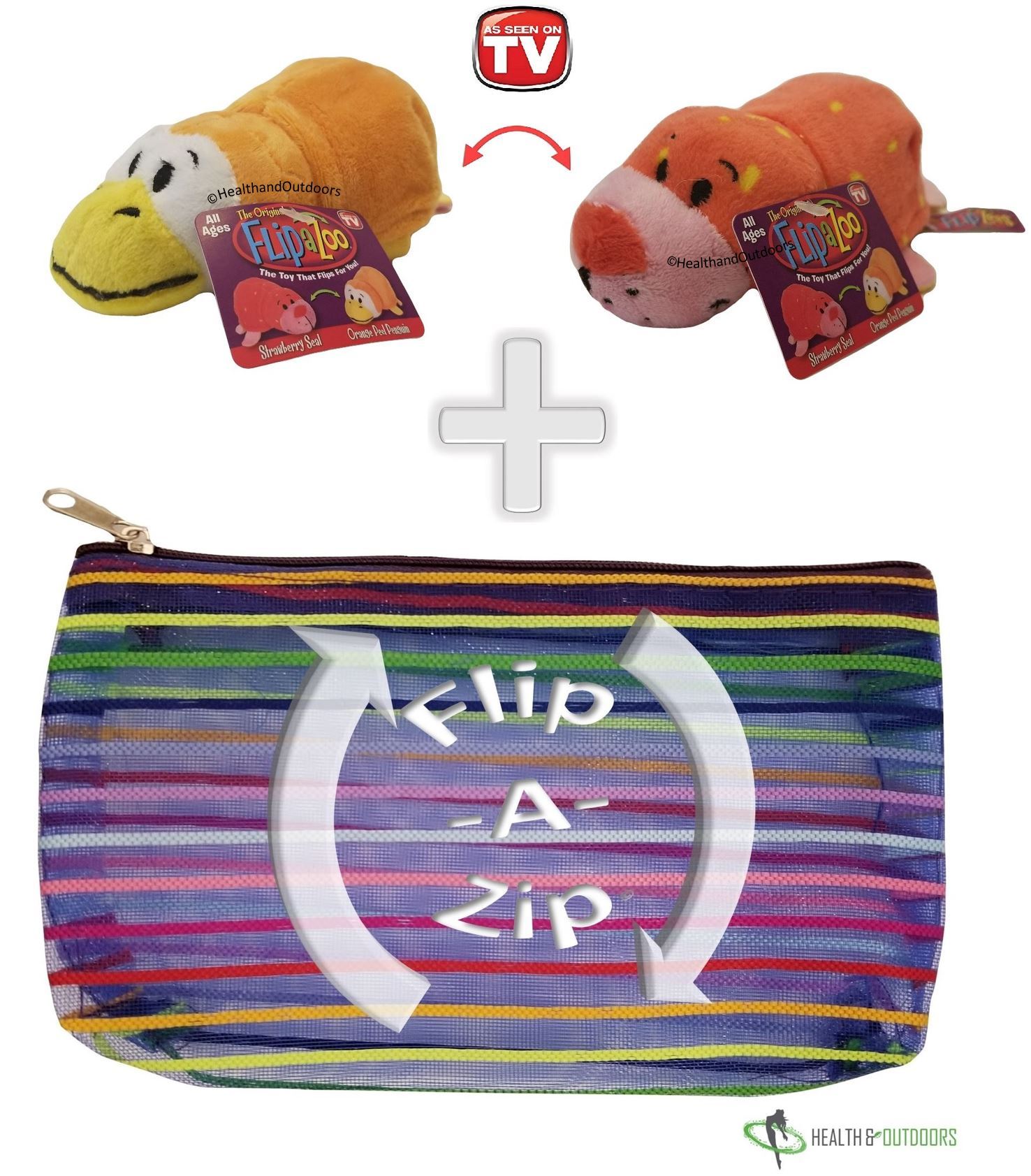 Flipzee 5" & FlipaZip COMBO (Strawberry Seal/Orange Peel Penguin) Huggable Flip a Zoo Stuffed
