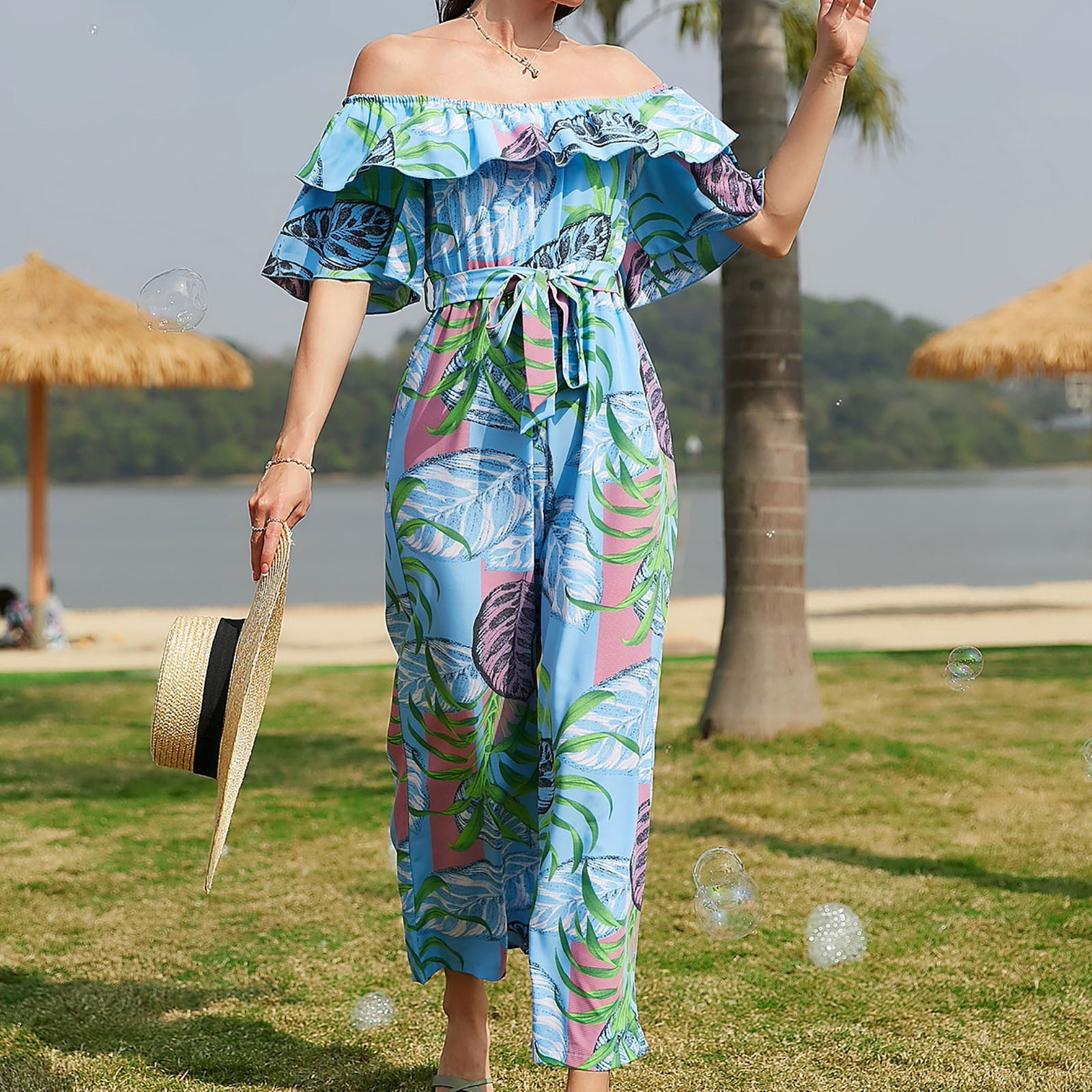 amlbb Women's Floral Jumpsuits Summer Off Shoulder Floral Jumpsuit Holiday  Chiffon Beach Jumpsuit on Clearance