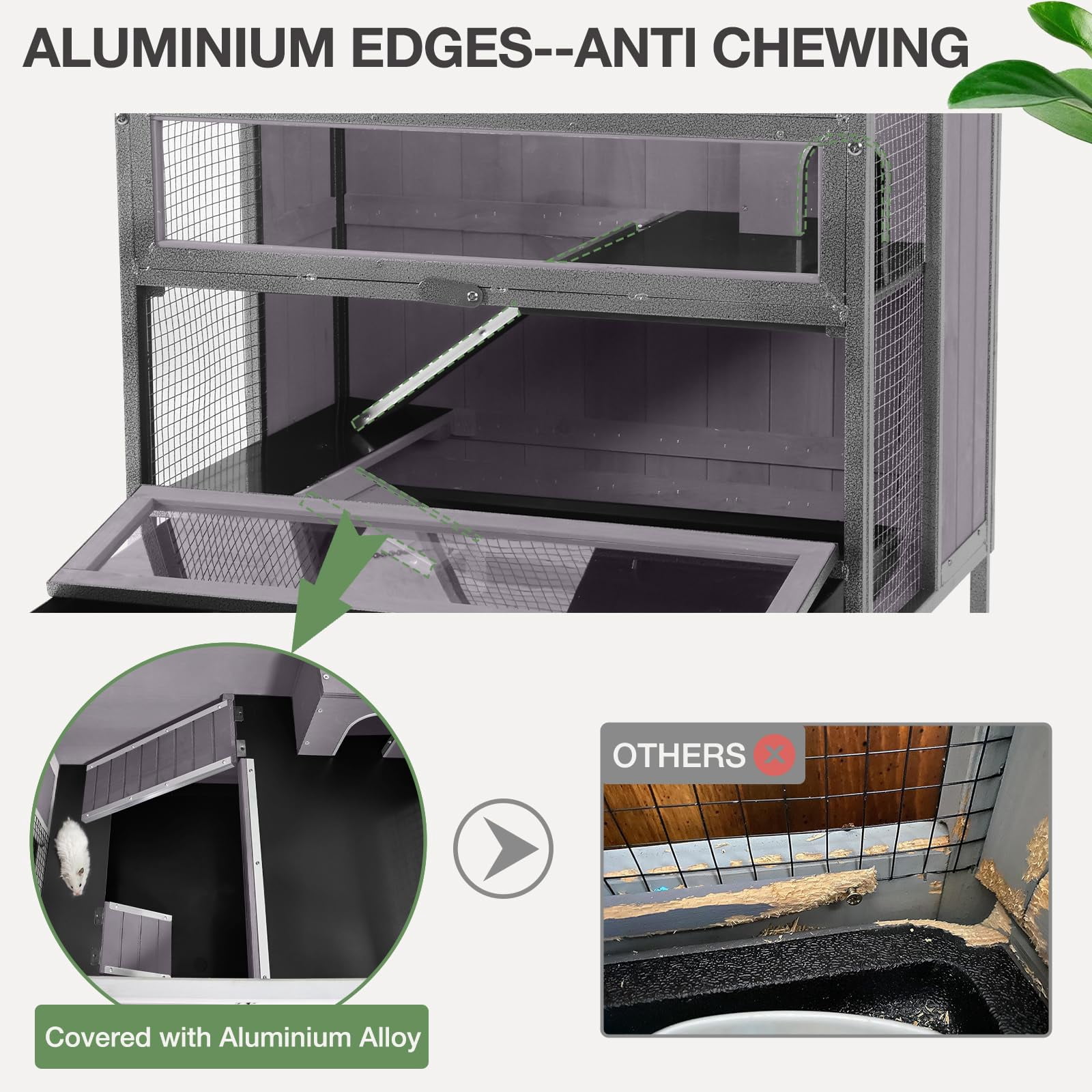 Metal Frame Guinea Pig Cage with Chew-Proof Aluminium Alloy Edges, Hideouts, Ramps, Seesaws, Leakproof Tray for Small Pets Indoor Outdoor Use, Grey