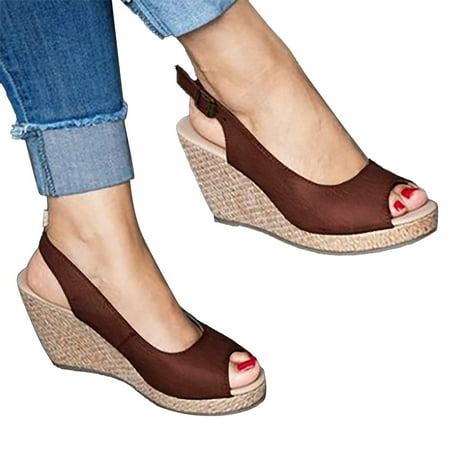 

Aayomet Summer Sandals Women s Fish Mouth Back Hollow Shallow Straw Wedge Heel Foreign Trade Low Top PU Fashion Sandals Brown 8.5