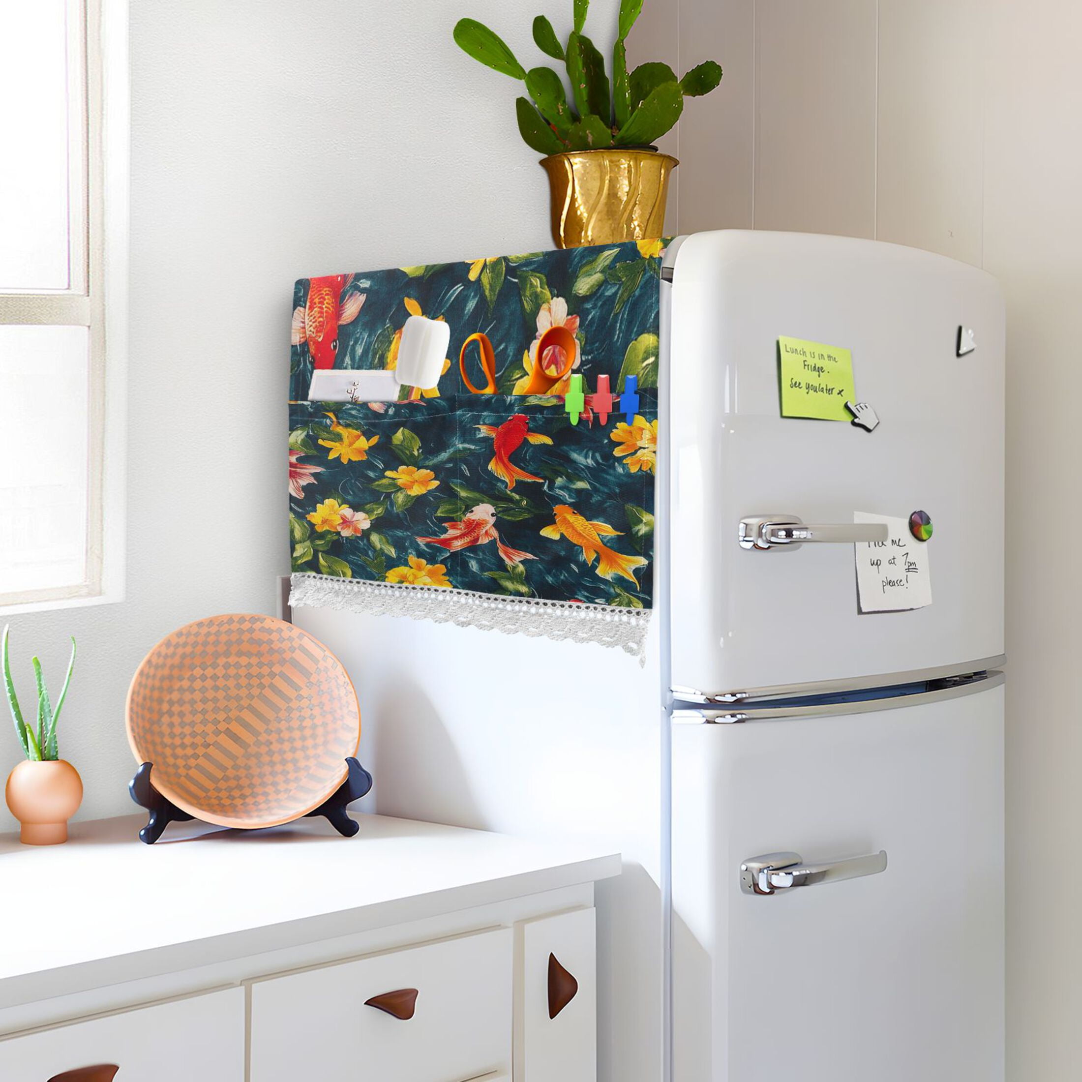 Colorful GoldfishWasher and Dryer Covers Dust-Proof and Oil Resistant Fridge Cover with 4 Storage Pockets Washing Machine Top Cover for Laundry Kitchen Home 51.2 x 22 In