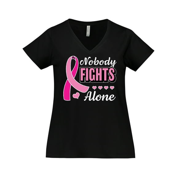 Inktastic Breast Cancer Awareness Nobody Fights Alone Pink Ribbon Women's Plus Size V-Neck T-Shirt