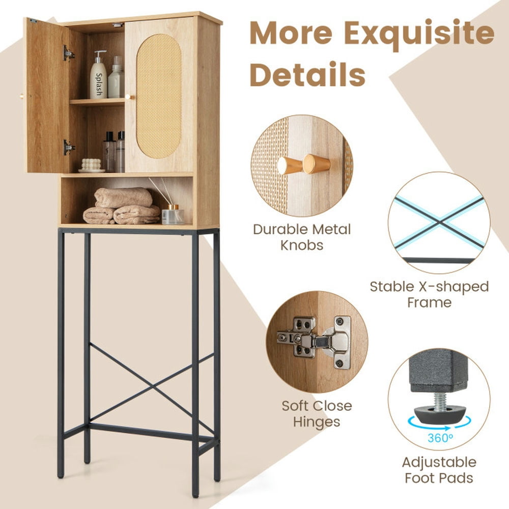 Finihen Toilet Storage Cabinet, Bathroom Cabinet Organizer, Over The Toilet Storage Cabinet with Rattan Doors and Shelves, for Bathroom, Natural