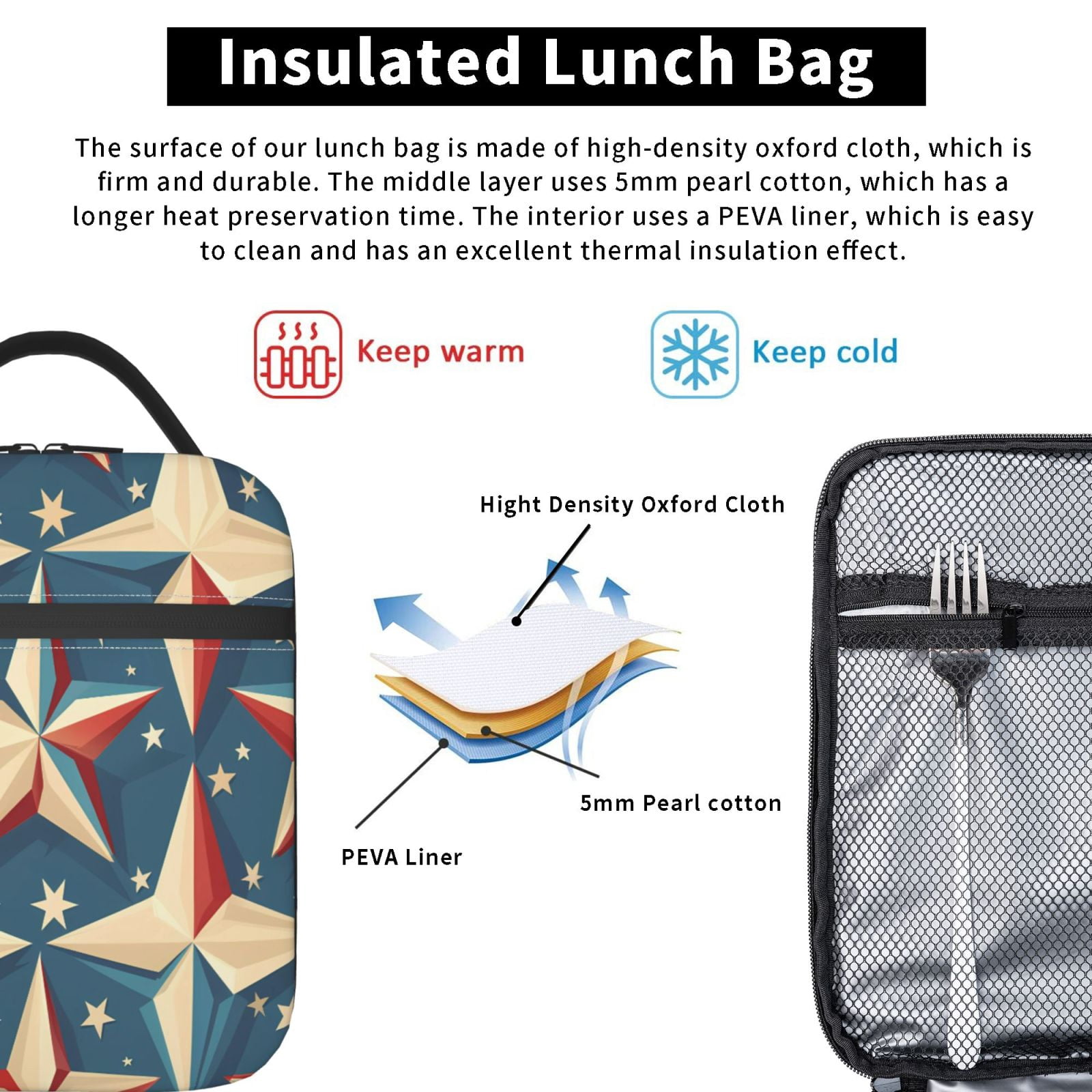 Lunch Bag For Women Men Insulated Portable Lunch Box Bento Box Office Picnic Travel Cooler Bag Independence Day Theme Elements Star (7)