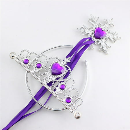2 Pcs Princess Dress Up Accessories Role Play Prop Crown Tiara Headband and Snowflake Wand Set For Kids Birthday Christmas Toy Gift