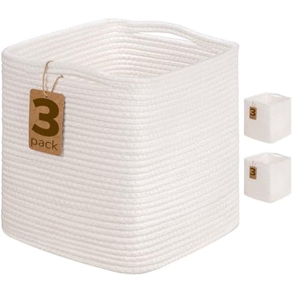 11x11 Cube Storage Bins, White Basket, 3-Pack Small Laundry Baskets Toy Organizer Blanket Basket Living Room, Bedroom Shelf Storage Bins Small Woven Gift Baskets