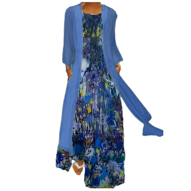 SMihono Robe d'Été pour Femmes Grande Taille Robe Décontractée à Imprimé Floral Col Rond Sans Manches Ensemble Deux Pièces en Chiffon Uni