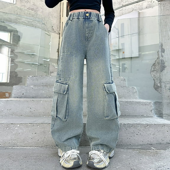 Girls Baggy Jeans Elastic Waist Wide Leg Denim Pants Teen Clothing Kids Jeans Girls