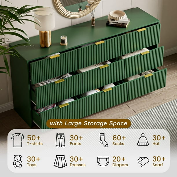 Furniway Green Dresser for Bedroom, 8 Drawer Double Dresser, Modern Chest of Drawers for Bedroom, Living Room, Entryway and Closet, 55 inch L x 15.7