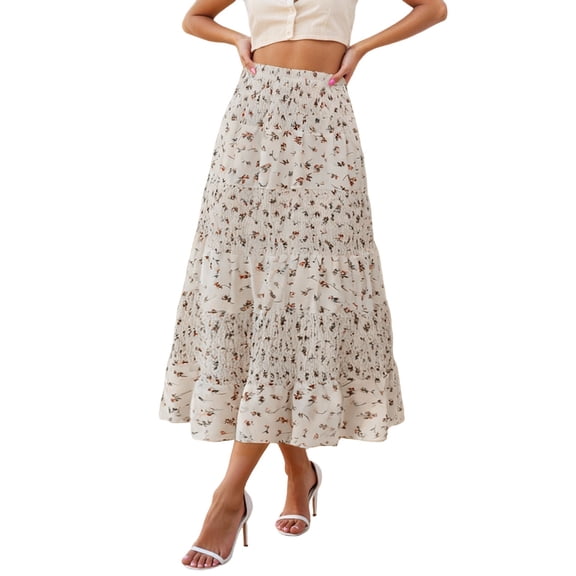 oqasdz Bohemian Flowy A Line Skirts for Women Casual Daily Wear Fashion Mid Length Soft Comfortable Stretch Waist Versatile Outfit