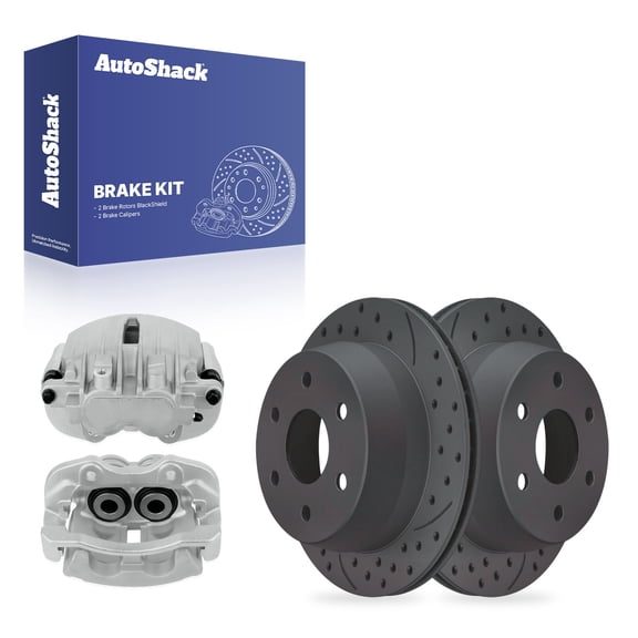 AutoShack Rear Brake Rotors & Calipers for Chevrolet, Silverado 1500 2001, 2003-2004 - Coated Drilled & Slotted - Black Matte Finish - BlackShield - 12.99" (330 mm), 6-Lug
