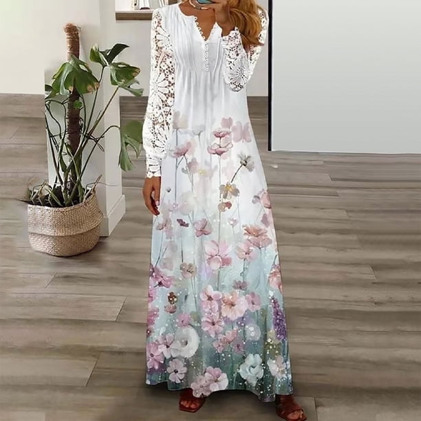ICHUANYI Clearance Women Casual V-Neck Long Sleeve Waist Buttons Printing Loose Dress(Purple, L) ICHUANYI WER2023080914014