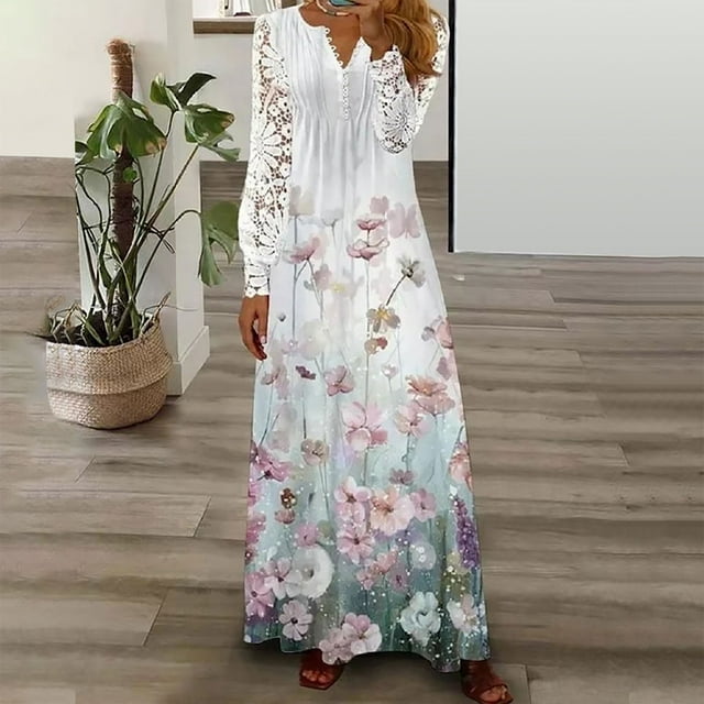 Jienlioq Femmes Robe Femmes de Dégagement Casual V-Cou Manches Longues Boutons de Taille Impression Robe en Vrac