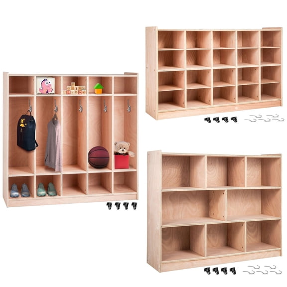 Mobile Cubby Storage Cabinet with 20 Compartments, 4x5 Cubby Shelf for Classroom, Daycare, and Home Use, Natural Wood
