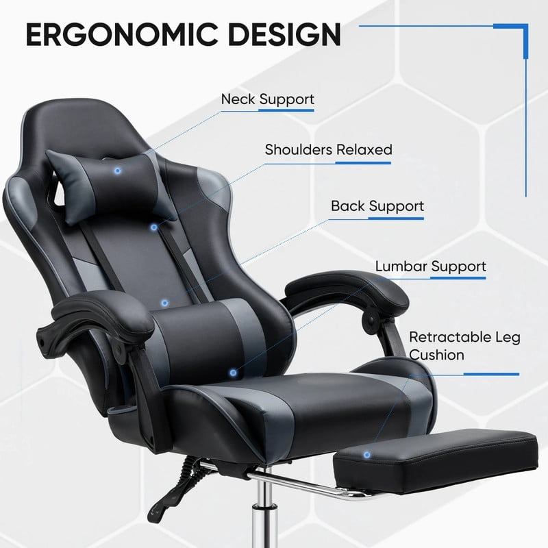 Kelno Ergonomic Gaming Chair with Headrest Pillow Lumbar Support Cushion PU Leather Swivel Recliner, Black Grey