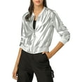 thumbnail image 3 of MODA NOVA Juniors Halloween Costume Casual Stand Collar Metallic Zip Crop Length Bomber Jacket Silver M, 3 of 7
