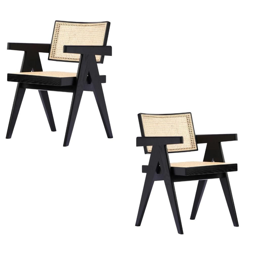 Banju Mid-Century Modern Dining Arm Chair Set of 2 – Stylish Design with a Durable Wood Frame, Comfortable Seat, and Timeless Cane Rattan Backrest for Sophisticated Dining Spaces