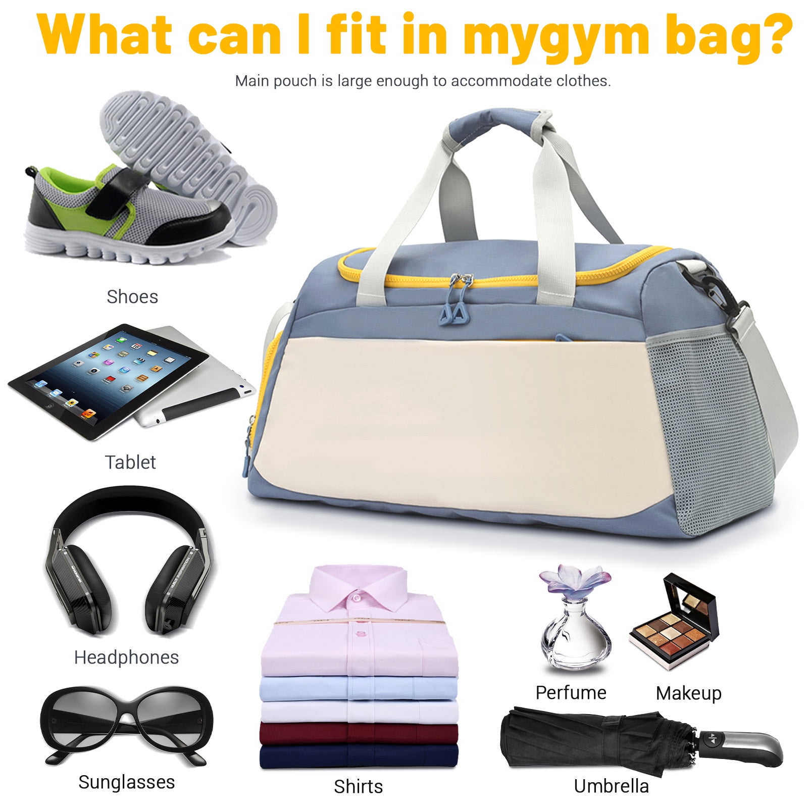 Sports Gym Bag with Wet Pocket & Shoe Compartment, Waterproof Travel Duffel Bags for Women Men, Weekender Carry on Overnight Tote Workout Bag for Yoga Swimming Hospital (Blue)