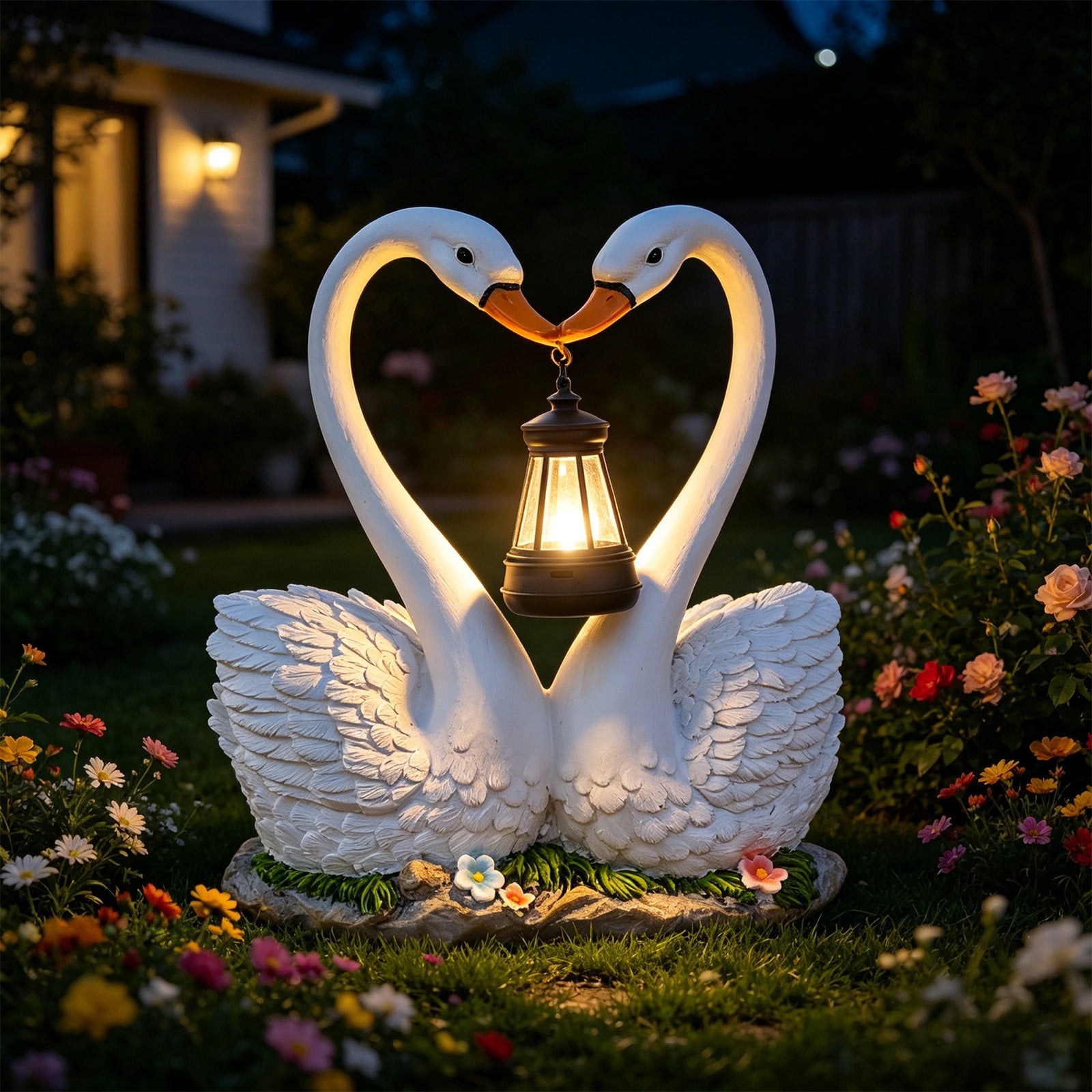Resin Swan Couple Garden Statue with Solar LED Lantern Waterproof Outdoor Love Heart Sculpture Romantic Yard Art Night Light