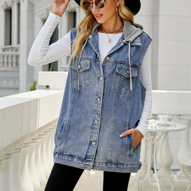 Chaquetas y abrigos casuales sin mangas con capucha para mujer, moda informal, bolsillos, botones, sin mangas, con capucha, chaqueta, abrigo vaquero, abrigo para mujer