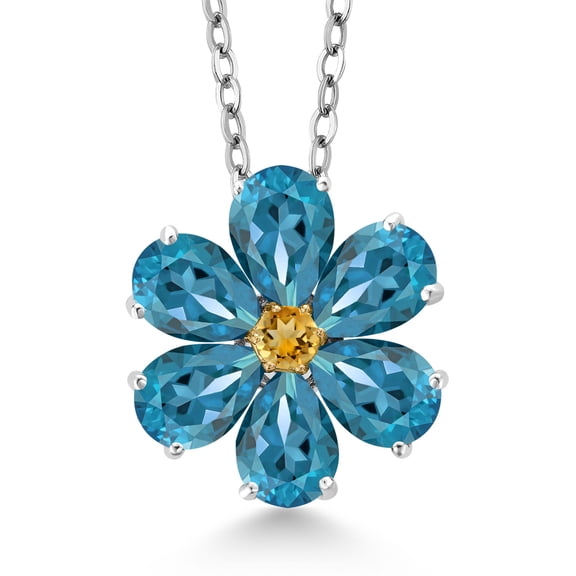 Gem Stone King 2.47 Cttw London Blue Topaz and Yellow Citrine Pear Shape Flower Pendant Necklace for Women | 925 Sterling Silver and 10K Yellow Gold | Gemstone Birthstone | With 18 inch Chain