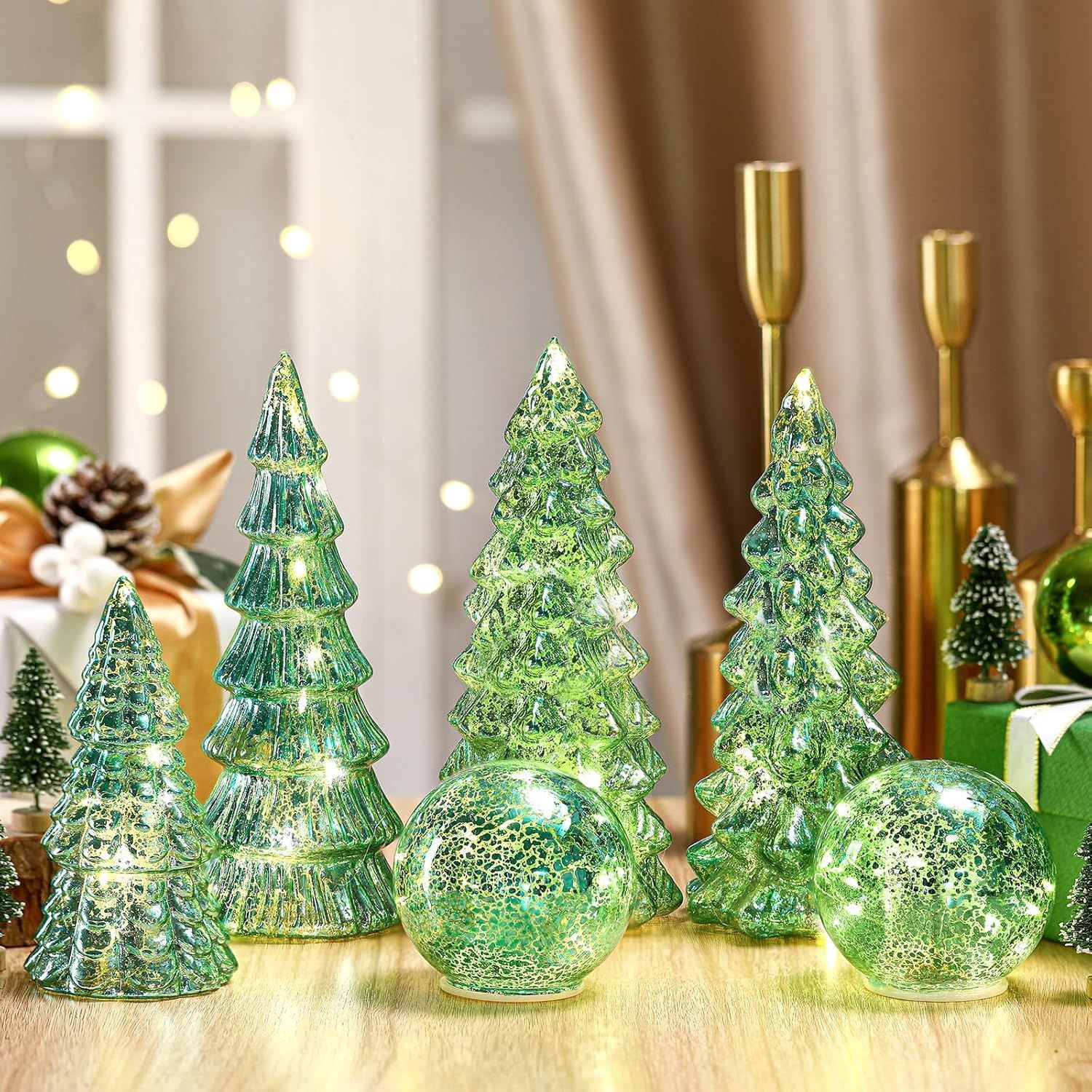 6 Pcs Mercury Glass Christmas Tree for Tabletop Light up Figurine Christmas Tree Mercury Cracked Glass Globe with Light for Xmas Decor Home Party Centerpiece Mantel Gift