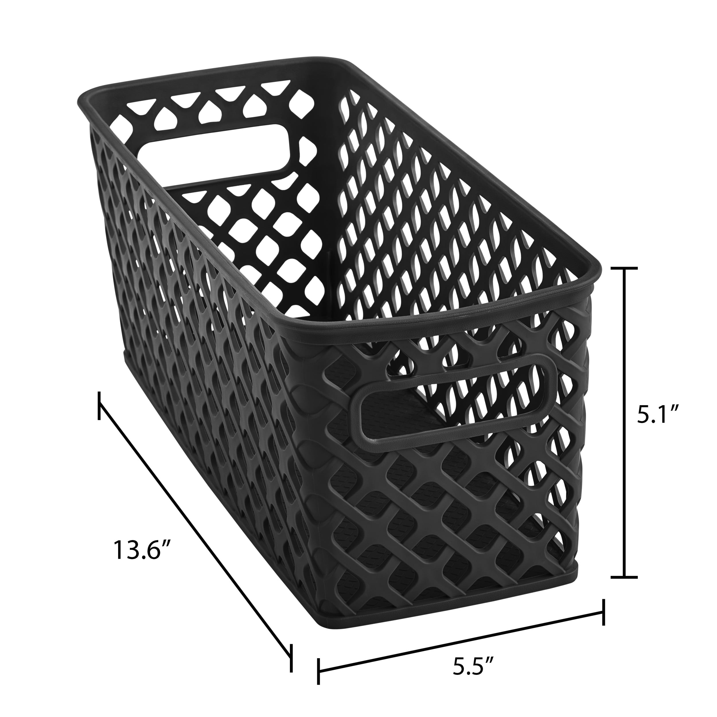 (4 pack) Mainstays Narrow Black Decorative Plastic Storage Basket, 13.6 in x 5.5 in x 5.1 in