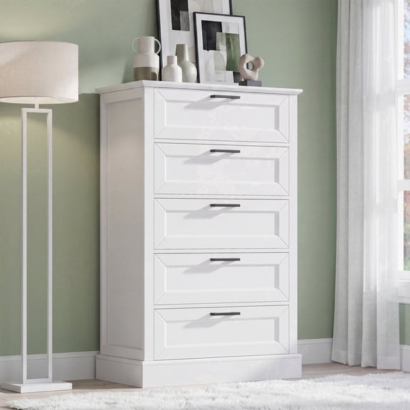 White 5 Drawers Modern Farmhouse Wooden Dresser 47 Inch Tall Chest Of Drawers Storage Cabinet For Bedroom And Kids Room