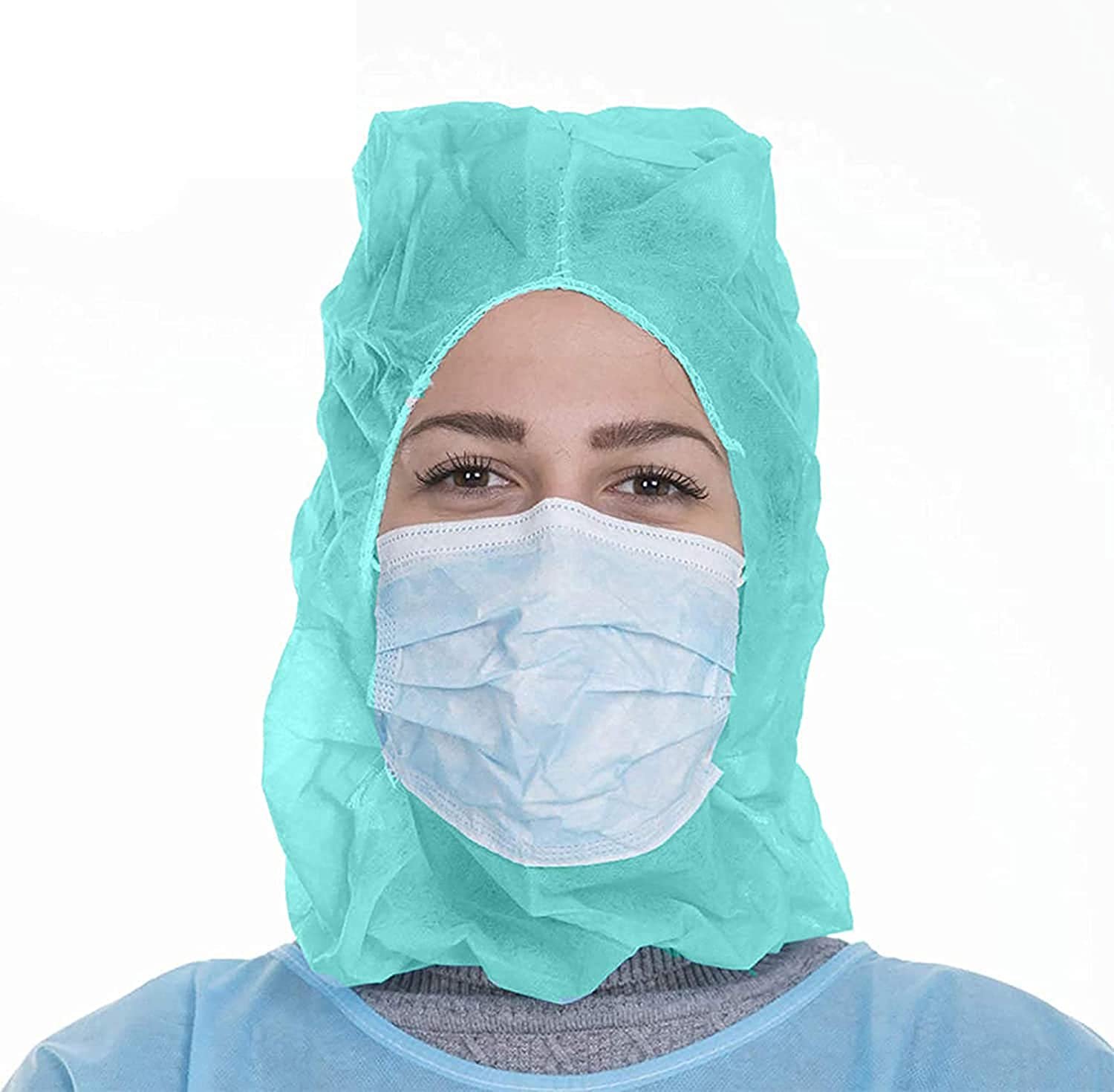 AMZ Supply Disposable Protective Hoods Teal Polypropylene 18 gsm Hooded Caps Universal Size PPE Pack of 1000 - image 1 of 1