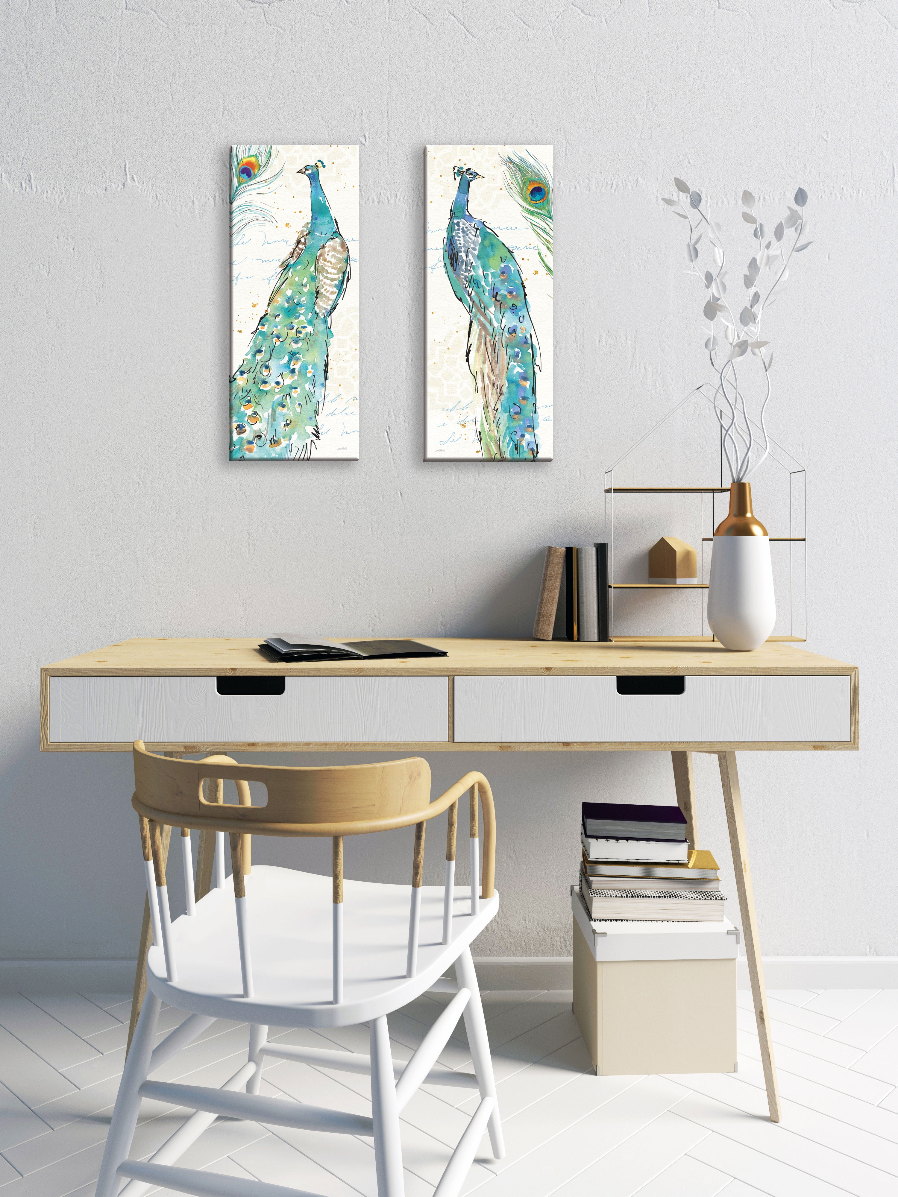 Gango Home Decor Contemporary Peacock Garden III & IV; Two 8x20in Hand