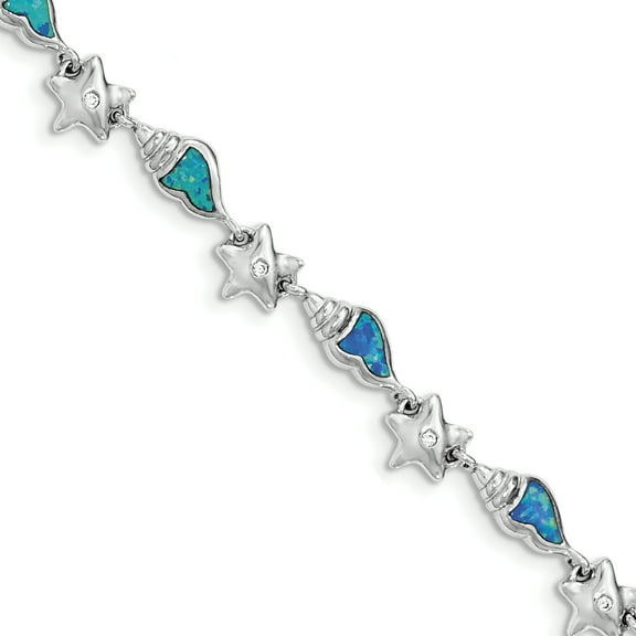 Primal Silver Sterling Silver Rhodium Starfish with Cubic Zirconia and Created Blue Opal Seashell Bracelet