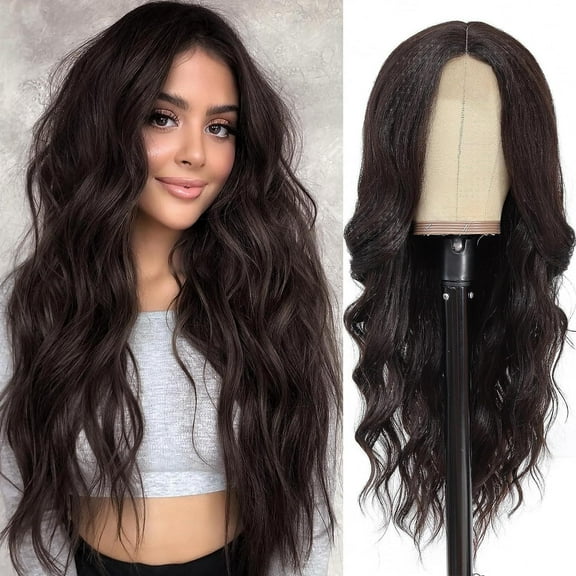 Nvzi -b Wavy Wig No Bangs Middle Parted Cosplay Hair for Daily Party(25.6in，Black A01)