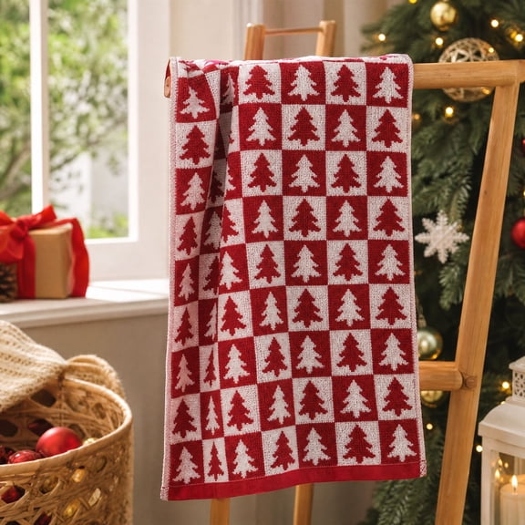 Christmas Face Towels,29.53x13.78in Red White Checkered Christmas Tree Printed Absorbent Decorative Hand Towels for Kitchen Bathroom