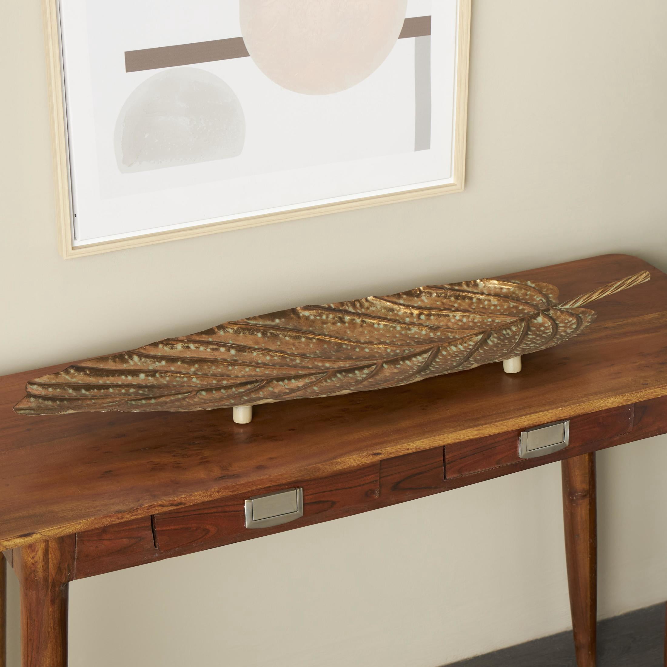 DecMode 36", 29"W Copper Metal Textured Leaf Tray with Patina Accents and Elevated Feet, 2-Pieces