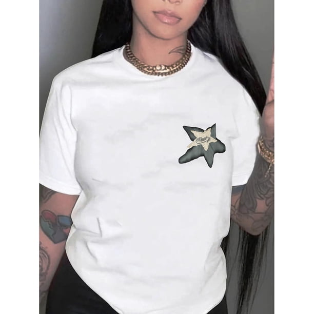 Camisetas de manga corta para mujer, diseño gráficoSimple English Star Pattern Print Women's Fashion Trendy Round Neck Short Sleeve, Simple Casual Sports T-shirt, Comfortable Summer Top Women's Clot
