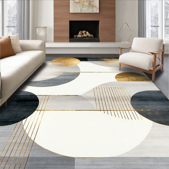 ODIKA 4'x6' Machine Washable Non-Slip Area Rug, Modern Round Featuring Grey Gradient and Gold Geometric Overlay High Traffic Rug, Gray, 111777
