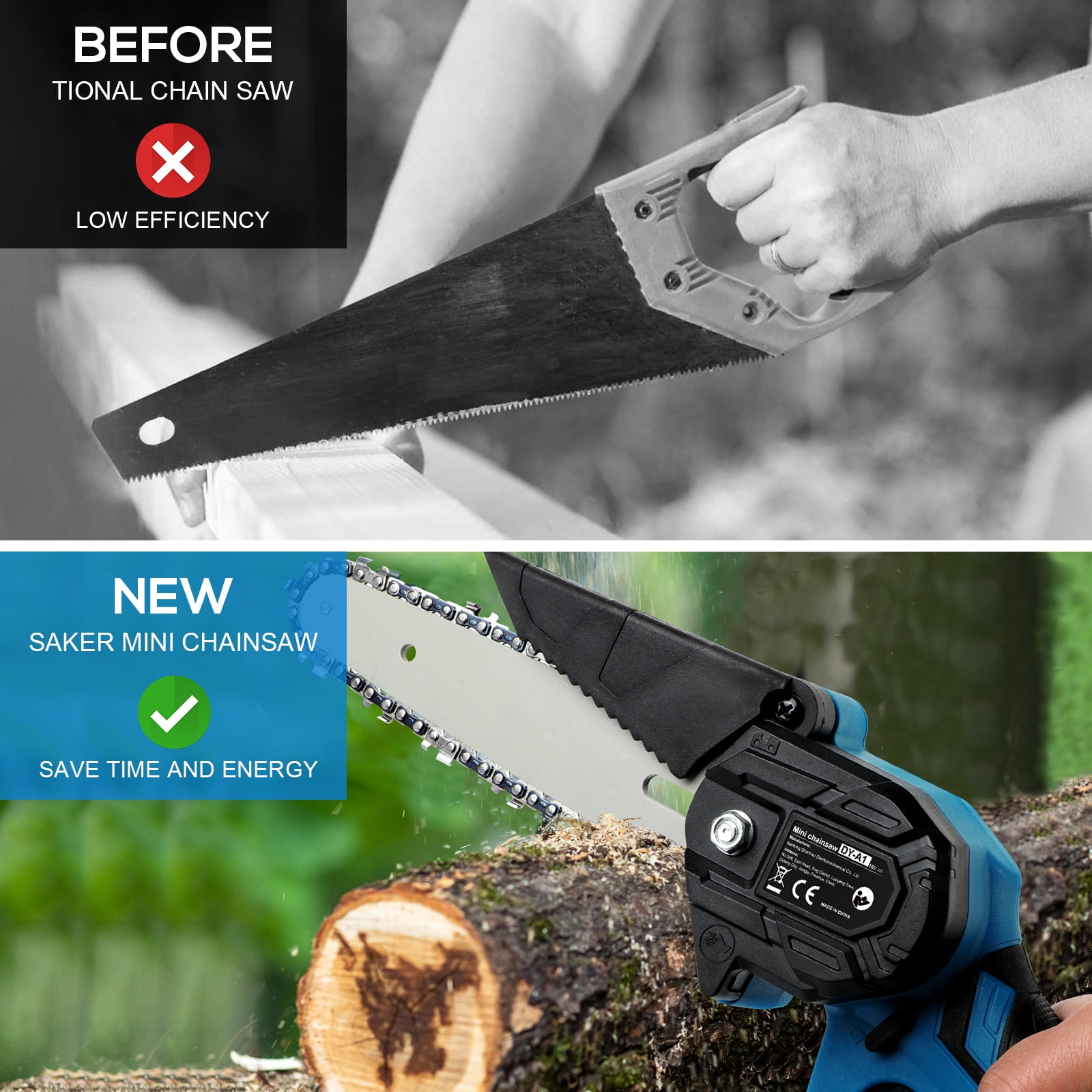 Mini Chainsaw, 4 & 6-inch Cordless Chain Saw with 2 Batteries 4 Chains, Electric Brushless Chainsaw with Security Lock, Handheld Power Chainsaw for Tree Pruning, Gardening, Wood Cutting
