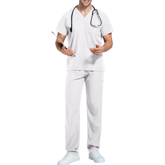 Men's Two Piece Medical Scrub Uniforms Stretch Anti-Wrinkle V-Neck Top Yoga Elastic Waist Multi Pocket Jogger Scrub Pants White XL