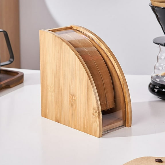 Coffee Filter Holder Bamboo Storage Container for #1 #2 Coffee Filters with Dustproof Cover Organizer Rack
