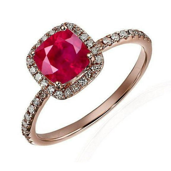2.05 Carat Ruby 7mm Cushion Cut And Moissanite Diamond Engagement Ring in 10k Rose Gold for Women on Sale