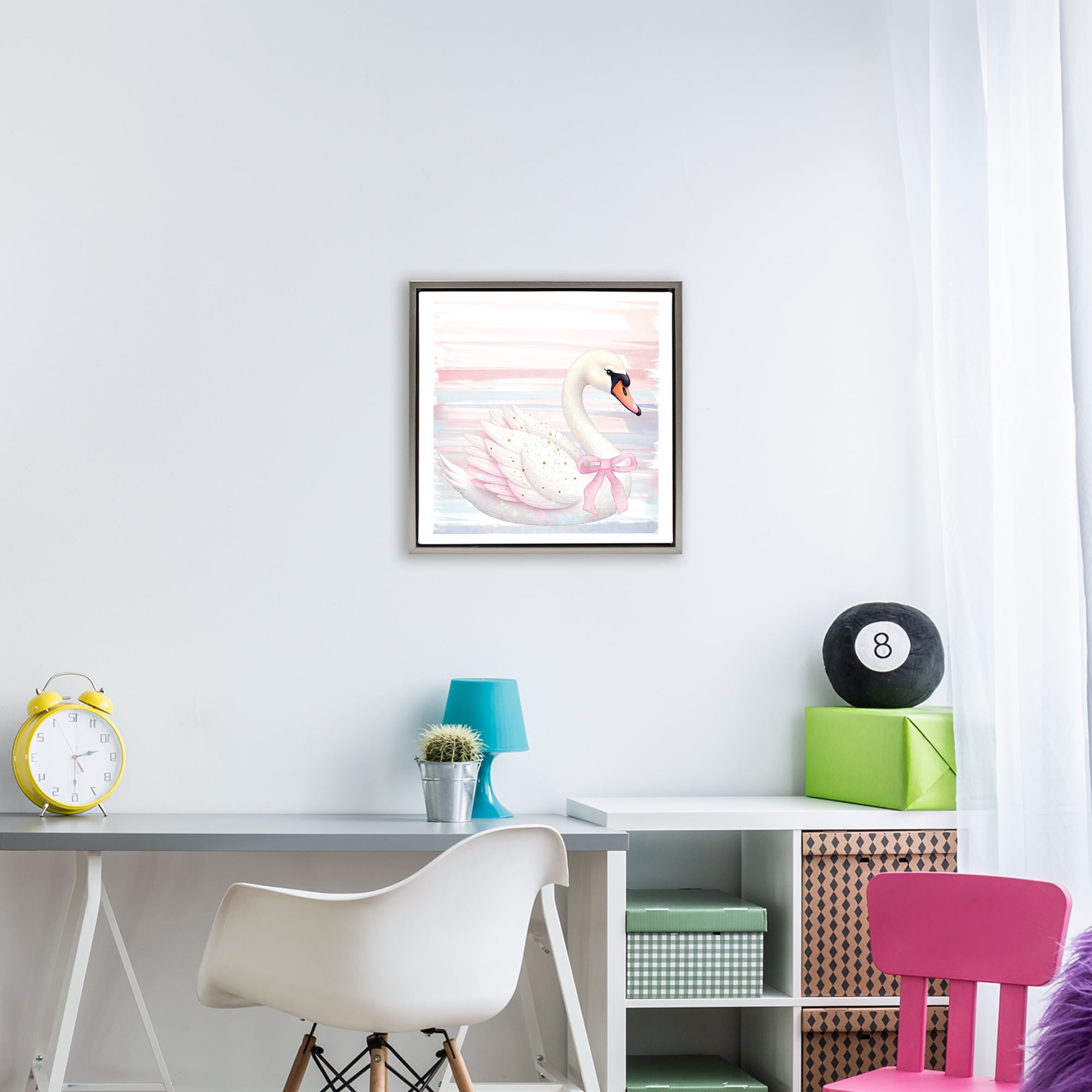 Pink Swan with Ribbon Gray Framed Floater Canvas Wall Art, design by Kim Allen
