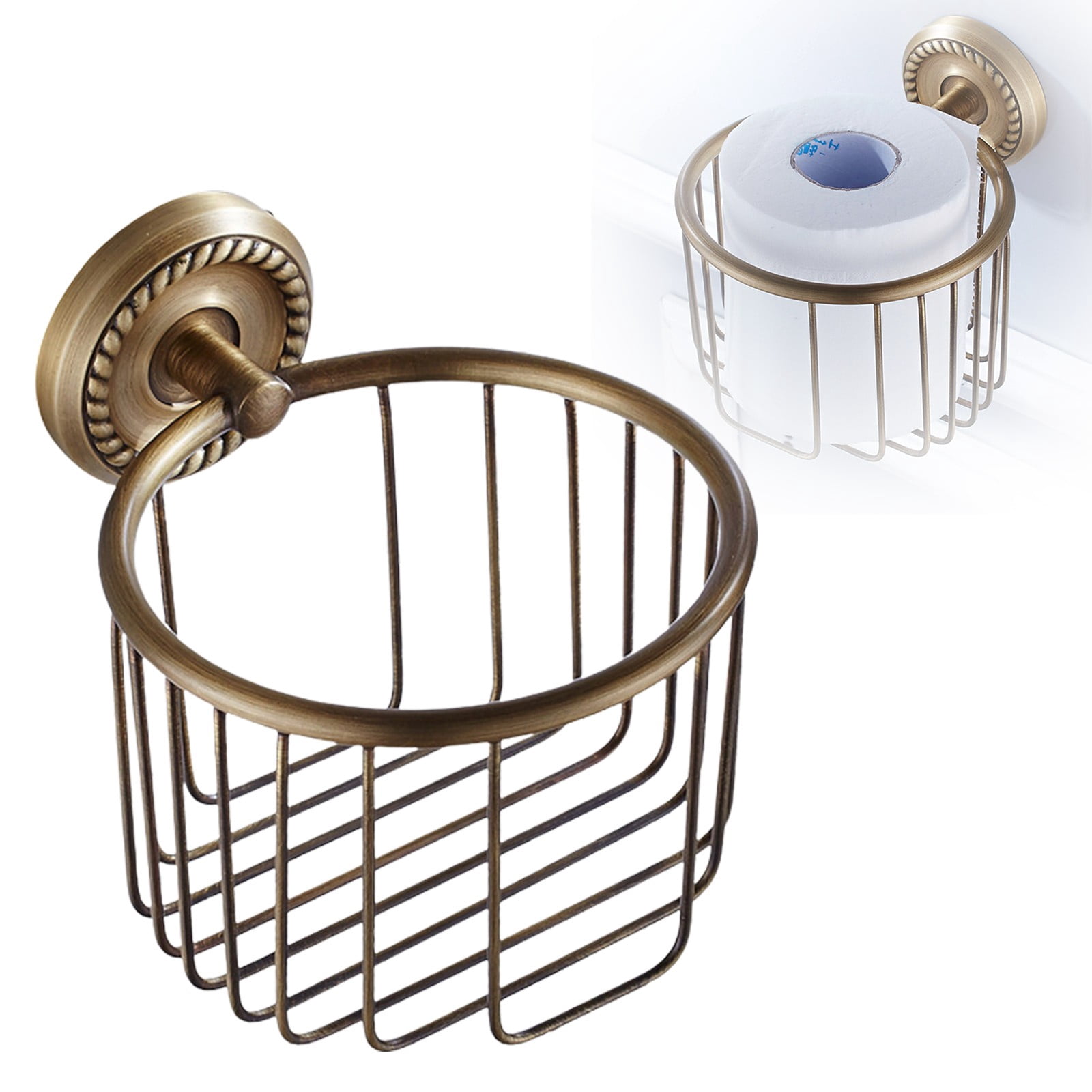 Toilet Roll Holder Toilet Paper Holder Wall Mounted, Brass Roll Tissue Wire Basket Dispenser for Bathroom Storage, Retro Style for Vintage Decor