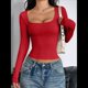 thumbnail image 5 of Camisas de Larga para Mujer, Tops Cortos, Cuello Cuadrado, Camisetas Básicas para Salir, Ropa de Invierno Y2K 2025 Rojo M, 5 of 7