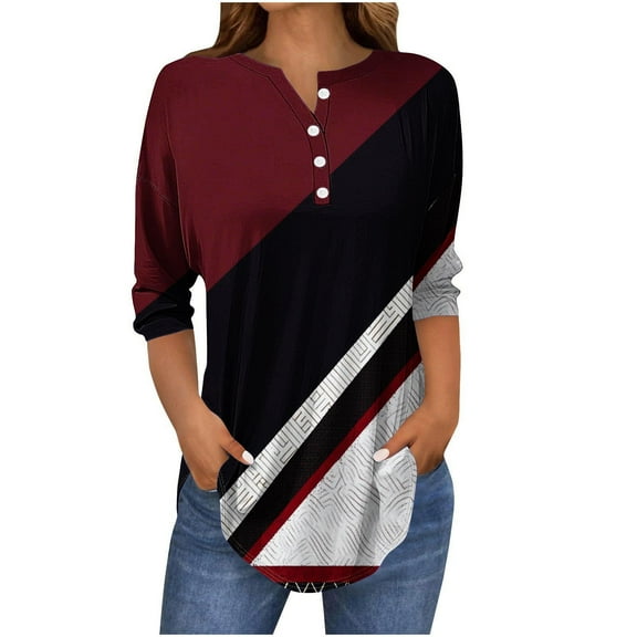 YUGYXL Fashion Henley Tshirts for Women Three Quarter Sleeve Print Blouses Lounge Tops Ladies Tunics Comfy Tees Wine XXL