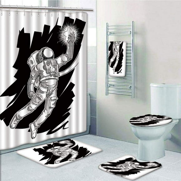 EREHome Astronaut Sketch of Spaceman Grabbing a Star Achivement Discovery Zero Gravity Technology 5 Piece Bathroom Set Shower Curtain Bath Towel Bath Rug Contour Mat and Toilet Lid Cover