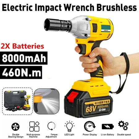 68V 8000mAh 460N.m LED Light Powerful Cordless Lithium-Ion Electric Impact Wrench Brushless Motor Rechargeable 2 Batteries With Portable Carry