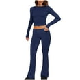 thumbnail image 2 of Homenesgenics 2-Piece Lounge Set Women Casual Solid Color Fitting Round Neck Top and Pants Long Sleeved Set Suit Blue L, 2 of 5