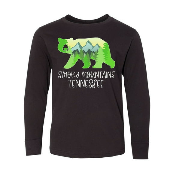 Inktastic Smoky Mountains, Tennessee Mountains and Bear Shape Long Sleeve Youth T-Shirt
