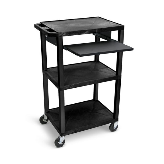 Luxor Tuffy 42" H Three-Shelf Multi-Purpose Utility Cart with Keyboard Tray and Electric, 24" W x 18" D, Black